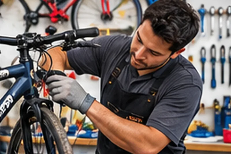 Mecánico de bicicletas ajustando los frenos en su taller.