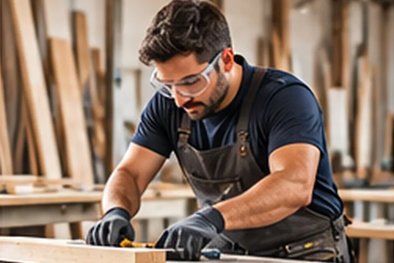 Carpintero con gafas de protección midiendo una tabla en su taller.