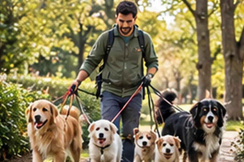 Paseador de perros con varios perros en un parque.