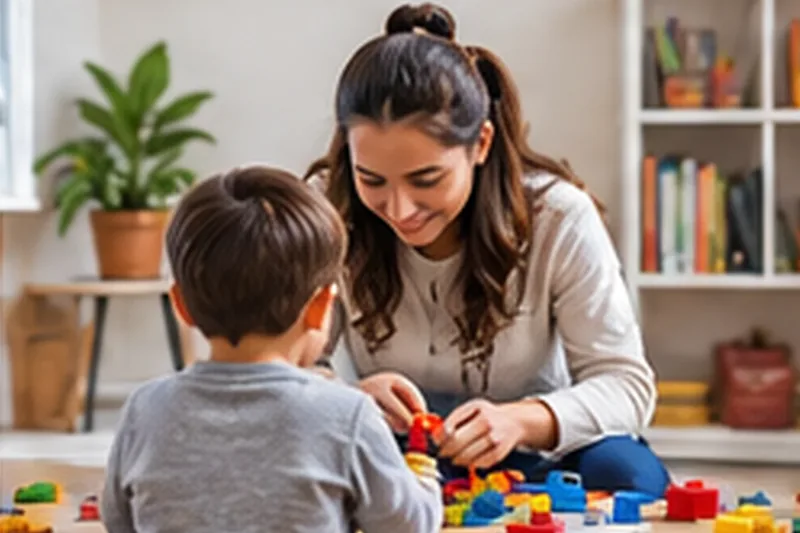 Cuidadora jugando con un niño con piezas de construcción en una sala luminosa.