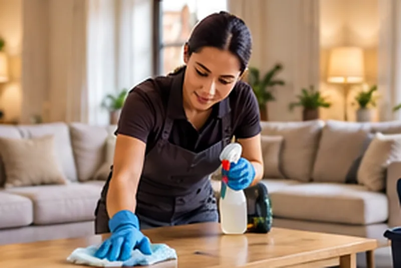Profesional de limpieza con guantes limpiando la mesa de una sala luminosa.