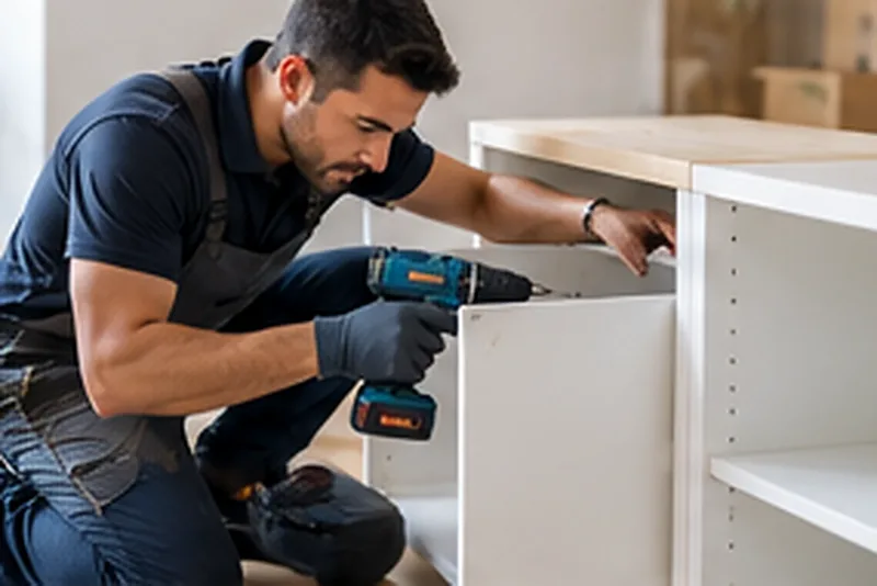 Profesional montando un mueble con un taladro en un apartamento belga.