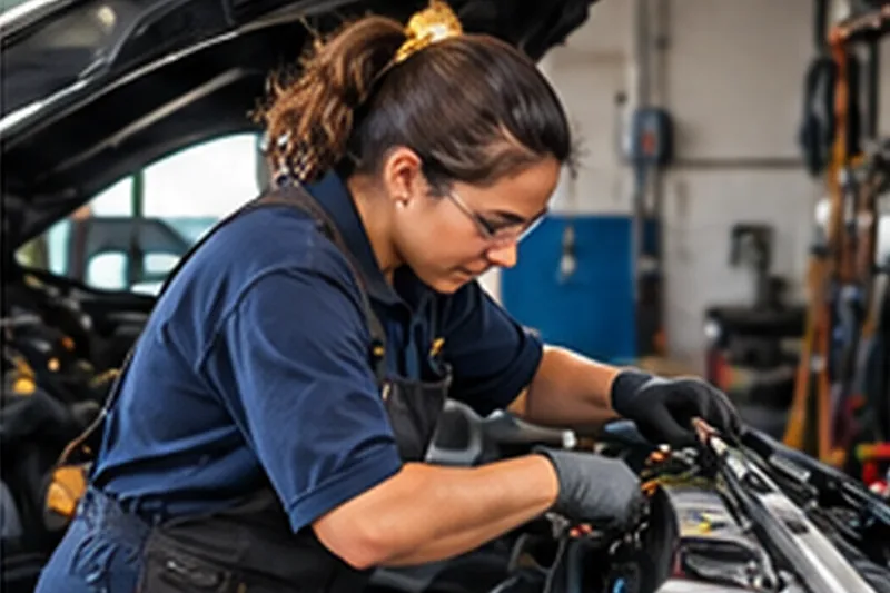 Mecánica con gafas y guantes trabajando en el motor de un auto (coche).