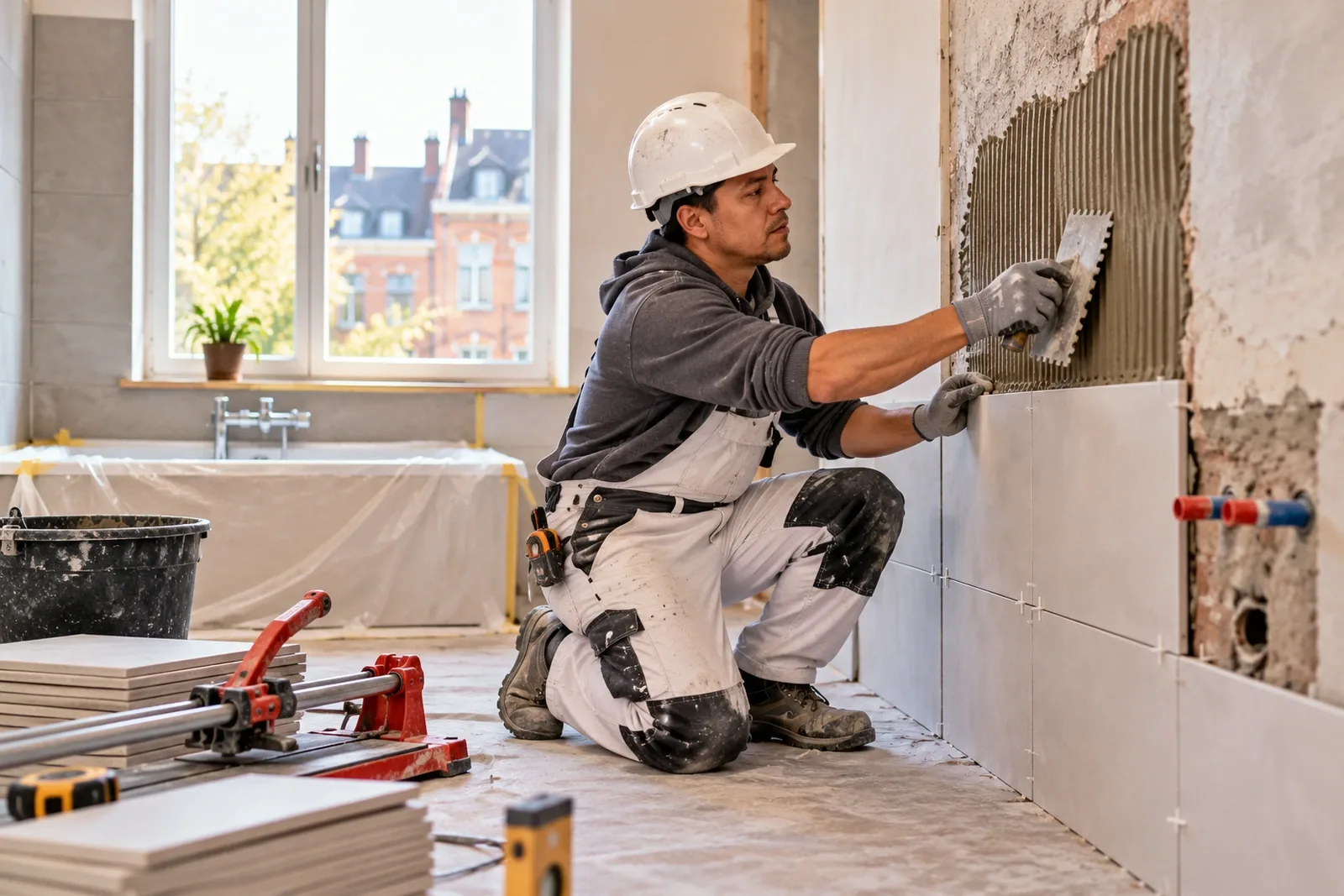 Profesional colocando azulejos en un baño belga durante una remodelación.