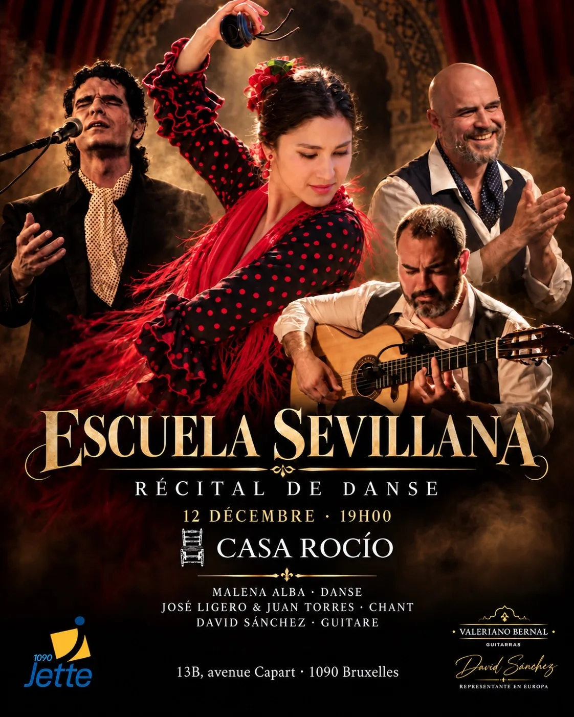 Flyer oficial de Casa Rocío: recital de danza Escuela Sevillana, 12 de diciembre de 2026 a las 19:00, con una bailaora de bata de lunares rojos, cantaores y guitarrista.