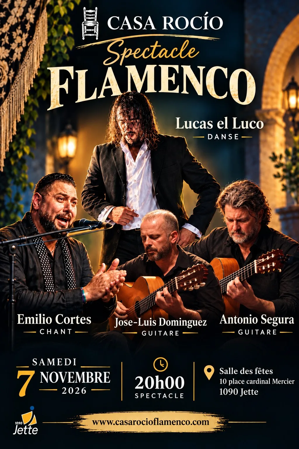 Flyer oficial de Casa Rocío: espectáculo de flamenco con Lucas el Luco, sábado 7 de noviembre de 2026 a las 20:00 en la sala de fiestas de Jette.